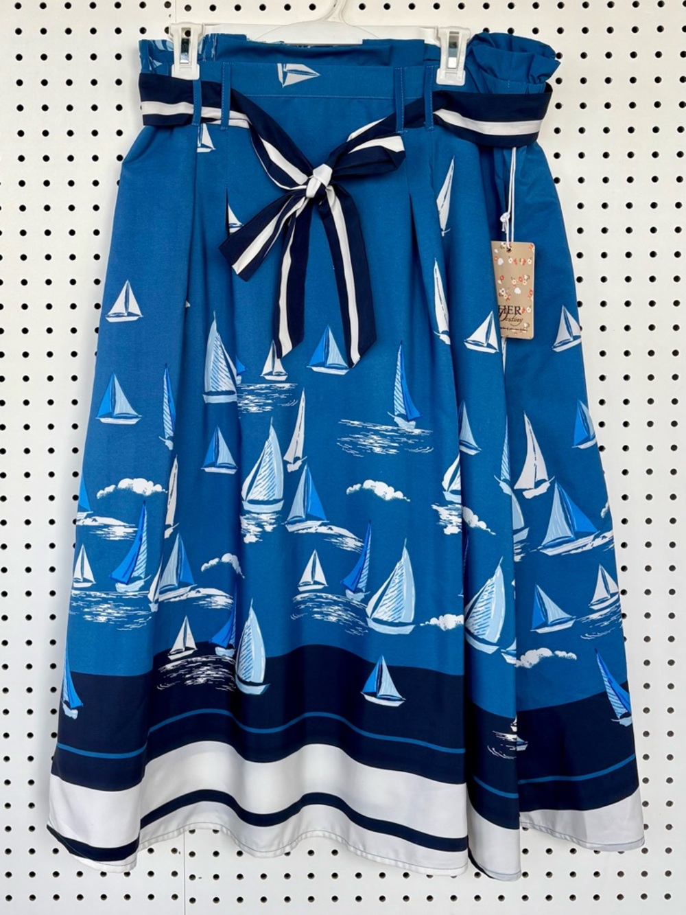 Her Destiny Nautical Sailboat Print Midi Skirt in Blue XL